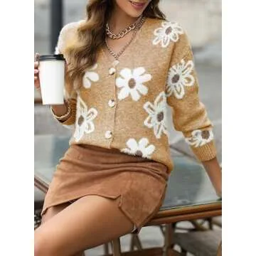 Dokotoo Women's Long Sleeve Loose Knit Flower Sweater Sexy V-Neck Open Front Button Down Camel Cardigan Sweater Elegant Shrug Stylish Outerwear Coat Small