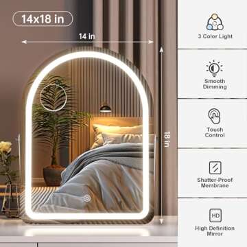 Hasipu Vanity Mirror with Lights, 14"× 18" Arched LED Makeup Mirror, Lighted Makeup Mirror with Lights, Smart Touch Control Dimmable 3 Modes Light 360°Rotation White