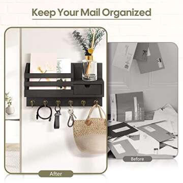 FifthQuarter Key and Mail Holder For Wall, Mail Organizer Wall Mount with 6 Hooks and Storage Drawer, Easy Installation Key Rack for Entryway and Home Decor (A-Black)