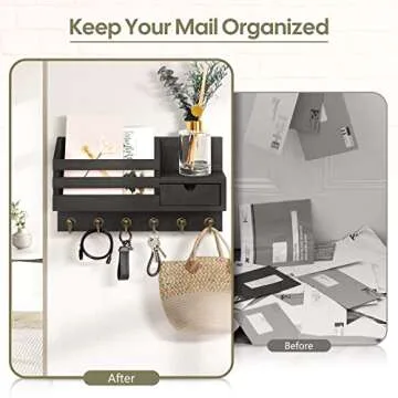 FifthQuarter Key and Mail Holder For Wall, Mail Organizer Wall Mount with 6 Hooks and Storage Drawer, Easy Installation Key Rack for Entryway and Home Decor (A-Black)
