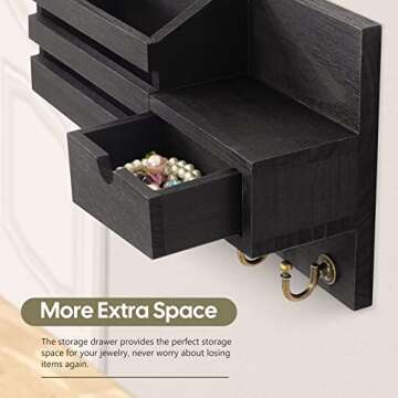 FifthQuarter Key and Mail Holder For Wall, Mail Organizer Wall Mount with 6 Hooks and Storage Drawer, Easy Installation Key Rack for Entryway and Home Decor (A-Black)