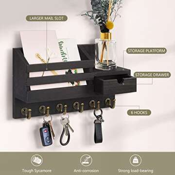 FifthQuarter Key and Mail Holder For Wall, Mail Organizer Wall Mount with 6 Hooks and Storage Drawer, Easy Installation Key Rack for Entryway and Home Decor (A-Black)