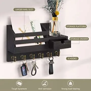 FifthQuarter Key and Mail Holder For Wall, Mail Organizer Wall Mount with 6 Hooks and Storage Drawer, Easy Installation Key Rack for Entryway and Home Decor (A-Black)