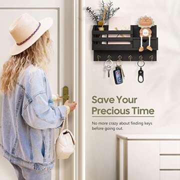 FifthQuarter Key and Mail Holder For Wall, Mail Organizer Wall Mount with 6 Hooks and Storage Drawer, Easy Installation Key Rack for Entryway and Home Decor (A-Black)