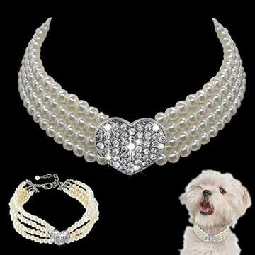 Dogs Kingdom 4 Rows Dog Cat Pearls Necklace Bling Rhinestone Heart Decor Collar Necklace Pet Puppy Jewelry Accessories,White,S:8-10" Neck