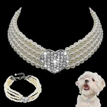 Dogs Kingdom 4 Rows Dog Cat Pearls Necklace Bling Rhinestone Heart Decor Collar Necklace Pet Puppy Jewelry Accessories,White,S:8-10" Neck