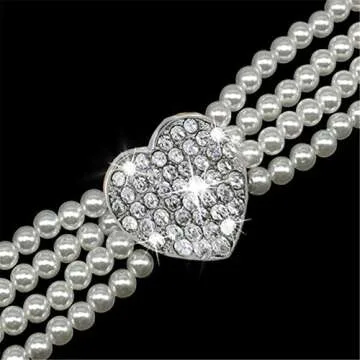 Dogs Kingdom 4 Rows Dog Cat Pearls Necklace Bling Rhinestone Heart Decor Collar Necklace Pet Puppy Jewelry Accessories,White,S:8-10" Neck