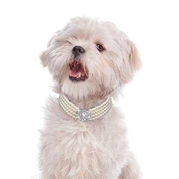 Dogs Kingdom 4 Rows Dog Cat Pearls Necklace Bling Rhinestone Heart Decor Collar Necklace Pet Puppy Jewelry Accessories,White,S:8-10" Neck