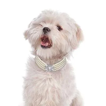 Dogs Kingdom 4 Rows Dog Cat Pearls Necklace Bling Rhinestone Heart Decor Collar Necklace Pet Puppy Jewelry Accessories,White,S:8-10" Neck