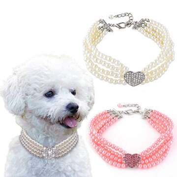 Dogs Kingdom 4 Rows Dog Cat Pearls Necklace Bling Rhinestone Heart Decor Collar Necklace Pet Puppy Jewelry Accessories,White,S:8-10" Neck