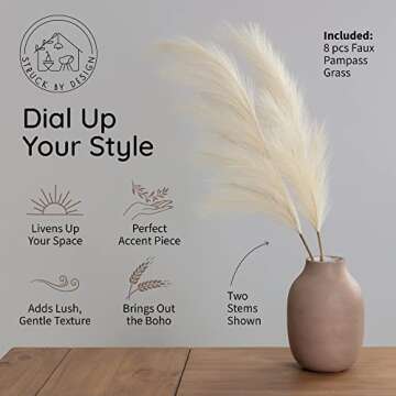 Struck By Design 8 PCS Faux Pampas Grass Decor Tall - 38" Large Fluffy Artificial Pampas Grass for Floor Vase Filler, Home Boho Decor, Wedding Decor - Long Fake Pompous Grass Branches (Cream/Beige)
