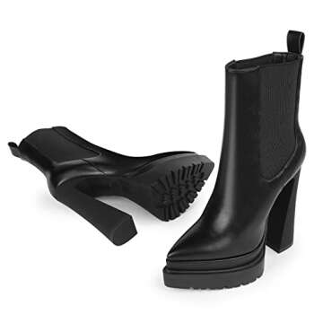 ISNOM Chunky Platform Boots for Women Black Chunky High Heel Chelsea Boots Women Lug Sole Platform Boots Pointed Toe Boots Chelsea Ankle Boots Platform Heels for Women