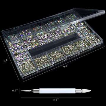 Professional Nail Crystal Kit, 9000pcs Multi Shapes Glass Crystal AB Rhinestones for Nail Art Craft Mix Sizes Non Hotfix Flatback Nail Gems, Wax Pen for Rhinestones, Acrylic Beads Storage Container