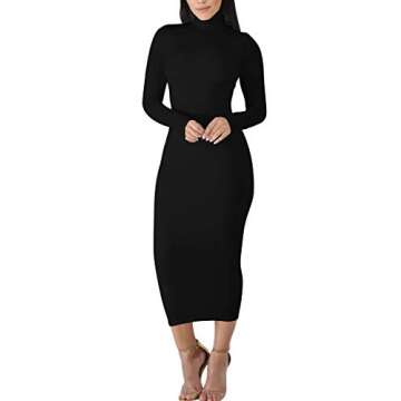 BORIFLORS Women's Sexy Basic Long Sleeve Turtleneck Bodycon Party Long Pencil Dress,Small,Black