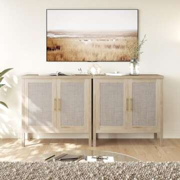 VOWNER Rattan Storage Cabinet, Buffet Cabinet Sideboard with Rattan Decorated Doors, Cupboard for Hallway, Entry, Living Room, 31.5" W x 15.75" D x 31.5" H (Wood Color)