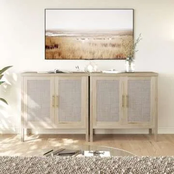 VOWNER Rattan Storage Cabinet, Buffet Cabinet Sideboard with Rattan Decorated Doors, Cupboard for Hallway, Entry, Living Room, 31.5" W x 15.75" D x 31.5" H (Wood Color)