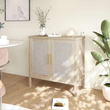 VOWNER Rattan Storage Cabinet, Buffet Cabinet Sideboard with Rattan Decorated Doors, Cupboard for Hallway, Entry, Living Room, 31.5" W x 15.75" D x 31.5" H (Wood Color)