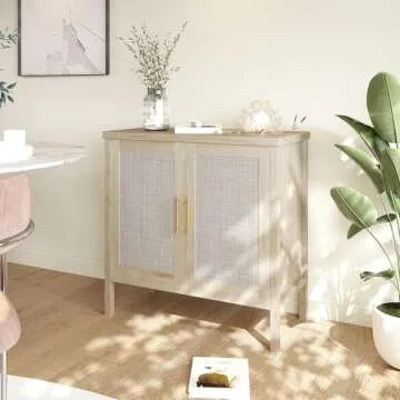 VOWNER Rattan Storage Cabinet, Buffet Cabinet Sideboard with Rattan Decorated Doors, Cupboard for Hallway, Entry, Living Room, 31.5" W x 15.75" D x 31.5" H (Wood Color)