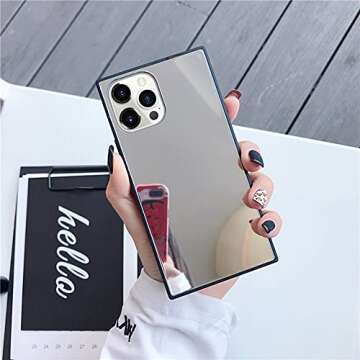 LUVI Compatible with iPhone 14 Pro Mirror Rectangle Case for Women Makeup Cute Luxury Glossy Glass Mirror Back Design with Silicone Bumper Slim Thin Case Fashion Protective Shockproof Cover Silver