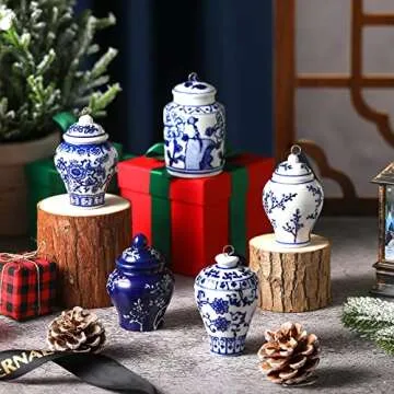 8 Pcs Christmas Mini Ginger Jar Ornaments Chinoiserie Porcelain Hanging Ornaments Ceramic Christmas Ornaments Blue and White Christmas Tree Decorations Christmas Hanging Pendant (Vintage Style)