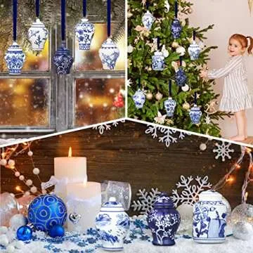 8 Pcs Christmas Mini Ginger Jar Ornaments Chinoiserie Porcelain Hanging Ornaments Ceramic Christmas Ornaments Blue and White Christmas Tree Decorations Christmas Hanging Pendant (Vintage Style)