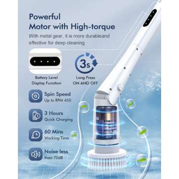 Electric Spin Scrubber, Vicmayun Cordless Shower Cleaning Brush with 5 Replacement Heads, 3 Adjustable Angle, Power Shower Scrubber with Extension Arm for Bathroom, Tub, Tile, Floor, Glass