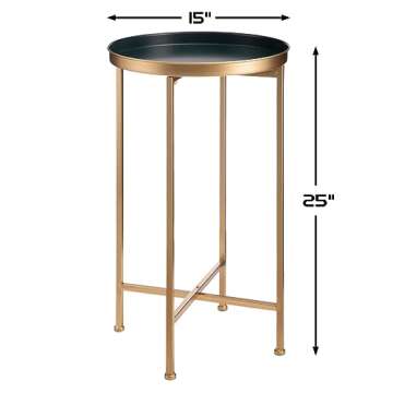 HollyHOME Small Round Metal Waterproof End Table, Accent Indoor&Outdoor Coffee Side Table, Snack Sofa Table for Living Room, Anti-Rust Decorative Plant Stand, (D) 14.5" x (H) 25", Gold&Navy Blue