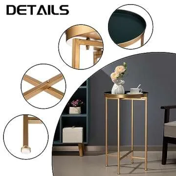 HollyHOME Small Round Metal Waterproof End Table, Accent Indoor&Outdoor Coffee Side Table, Snack Sofa Table for Living Room, Anti-Rust Decorative Plant Stand, (D) 14.5" x (H) 25", Gold&Navy Blue