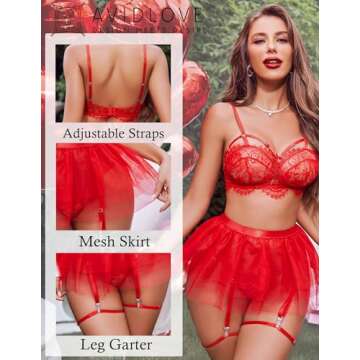 Avidlove Red Women's Lace Lingerie Skirt Set Lace V Neck Babydoll Lace Nightwear Small