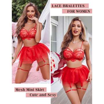 Avidlove Red Women's Lace Lingerie Skirt Set Lace V Neck Babydoll Lace Nightwear Small