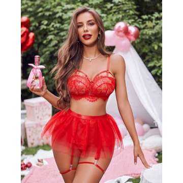 Avidlove Red Women's Lace Lingerie Skirt Set Lace V Neck Babydoll Lace Nightwear Small