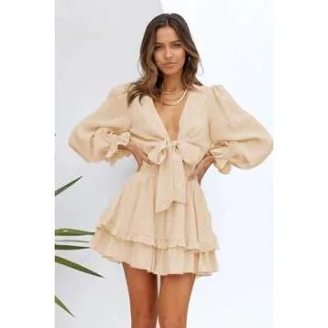 AlvaQ Women Dresses Summer 2025 Deep V Neck Tie Front Long Sleeve Ruffle Mini Dress Swing Short Mini Dress Beach Sundress Apricot Small