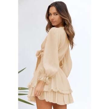 AlvaQ Women Dresses Summer 2025 Deep V Neck Tie Front Long Sleeve Ruffle Mini Dress Swing Short Mini Dress Beach Sundress Apricot Small