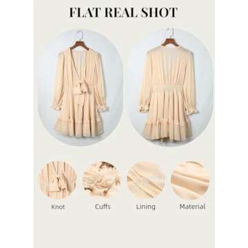 AlvaQ Women Dresses Summer 2025 Deep V Neck Tie Front Long Sleeve Ruffle Mini Dress Swing Short Mini Dress Beach Sundress Apricot Small