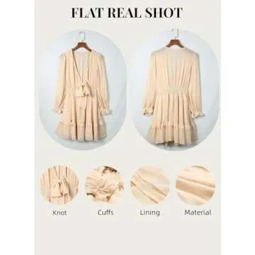 AlvaQ Women Dresses Summer 2025 Deep V Neck Tie Front Long Sleeve Ruffle Mini Dress Swing Short Mini Dress Beach Sundress Apricot Small