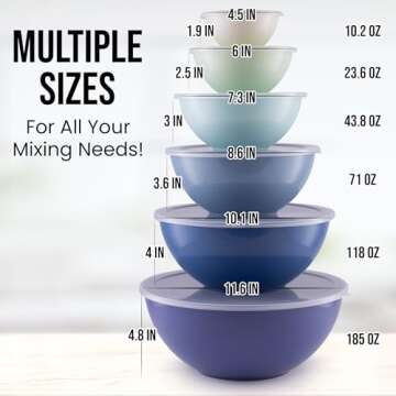 Zulay 12 Piece Set Plastic Nesting Mixing Bowls With Leakproof Lids. Kitchen Mixing Bowls for Preparing, Serving and Storing - Microwave and Freezer Safe With 6 Prep Bowls and 6 Lids - (Blue Ombre)