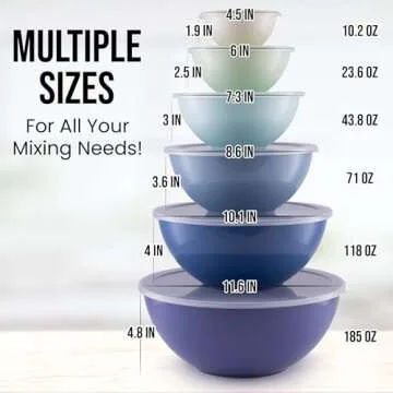 Zulay 12 Piece Set Plastic Nesting Mixing Bowls With Leakproof Lids. Kitchen Mixing Bowls for Preparing, Serving and Storing - Microwave and Freezer Safe With 6 Prep Bowls and 6 Lids - (Blue Ombre)