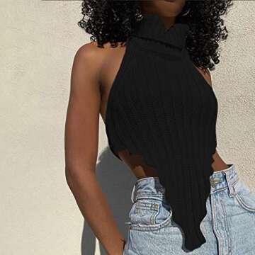 Halter Neck Crop Cami Top Knitted Printed Tank Tops Tee Y2k Sleeveless Strappy Summer Shirts Streetwear(U Irregular Black,S)