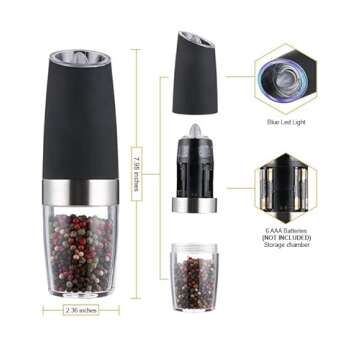 Electric Salt and Pepper Grinder Set, Adjustable Coarseness, Battery-Powered with LED Light, Automatic salt and pepper grinder set with Gravity Technology, stainless steel (Black)