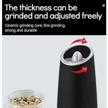 Electric Salt and Pepper Grinder Set, Adjustable Coarseness, Battery-Powered with LED Light, Automatic salt and pepper grinder set with Gravity Technology, stainless steel (Black)