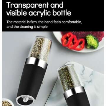 Electric Salt and Pepper Grinder Set, Adjustable Coarseness, Battery-Powered with LED Light, Automatic salt and pepper grinder set with Gravity Technology, stainless steel (Black)