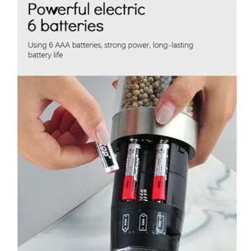 Electric Salt and Pepper Grinder Set, Adjustable Coarseness, Battery-Powered with LED Light, Automatic salt and pepper grinder set with Gravity Technology, stainless steel (Black)