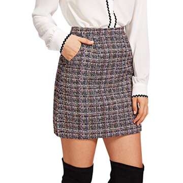 SheIn Women's High Waist Above Knee Tweed Plaid Zipper Back A-Line Short Mini Skirt Multicolor