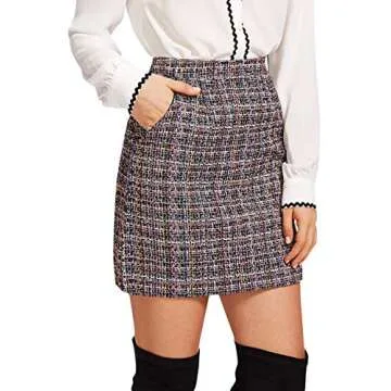 SheIn Women's High Waist Above Knee Tweed Plaid Zipper Back A-Line Short Mini Skirt Multicolor