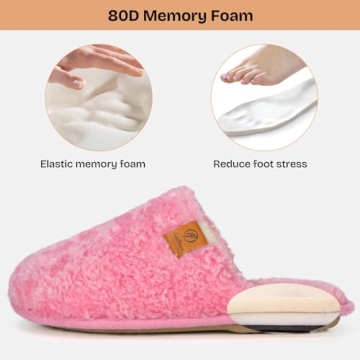 EverFoams Women's Fuzzy Slip-on Slippers Warm Cozy Soft Lightweight Memory Foam Indoor House Shoes Hot Pink, 9-10 US