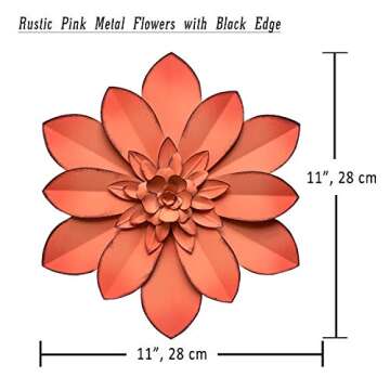 Picfarce Pink Metal Flower Wall Art Decor, 11“ Rustic Modern Floral Sculpture, Distressed Hanging ...