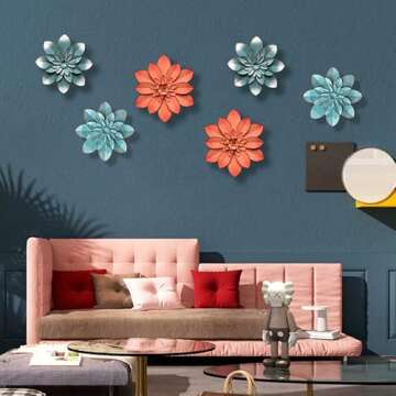 Picfarce Pink Metal Flower Wall Art Decor, 11“ Rustic Modern Floral Sculpture, Distressed Hanging Home Decoration Accent Artworks for Indoor Bedroom Living Room Office Outdoor Garden Patio