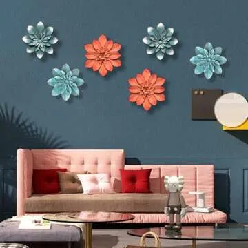 Picfarce Pink Metal Flower Wall Art Decor, 11“ Rustic Modern Floral Sculpture, Distressed Hanging Home Decoration Accent Artworks for Indoor Bedroom Living Room Office Outdoor Garden Patio