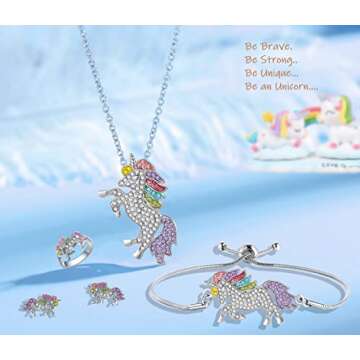 SHWIN Unicorns Gifts Unicorn Jewelry 4 Pack Unicorn Necklace Bracelet Earrings Ring Jewelry Set Birt...