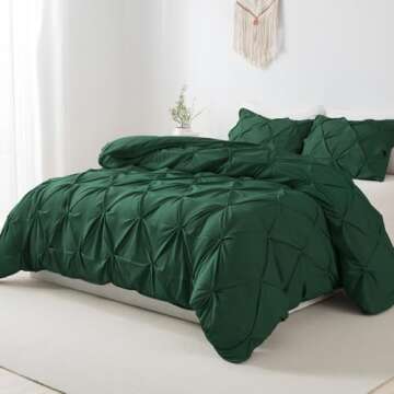 Litanika Dark Green King Pinch Pleat Duvet Cover, 3 Pieces Pintuck Cover Soft Microfiber Bedding Set with Zipper Closure & Corner Ties(104x90Inch-1 Duvet Cover, 2 Pillowcases)
